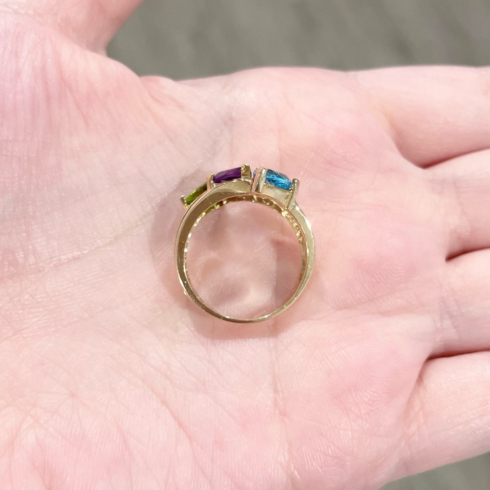 10K Rainbow amethyst Swiss blue topaz peridot trillion harem yellow gold CI ring - Picture 8 of 8